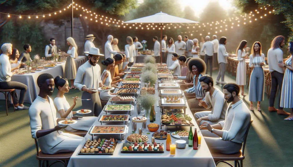 outdoor catering buffet with guests enjoying food for 20 people