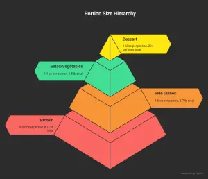 portion size hierarchy pyramid showing protein, sides, vegetables, and dessert for 20 people