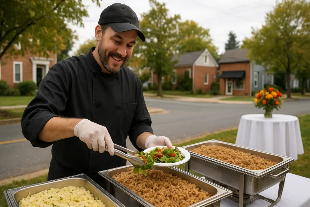 Anniversary party catering setup in Fallston, MD by Evolved Catering & Events with buffet display.