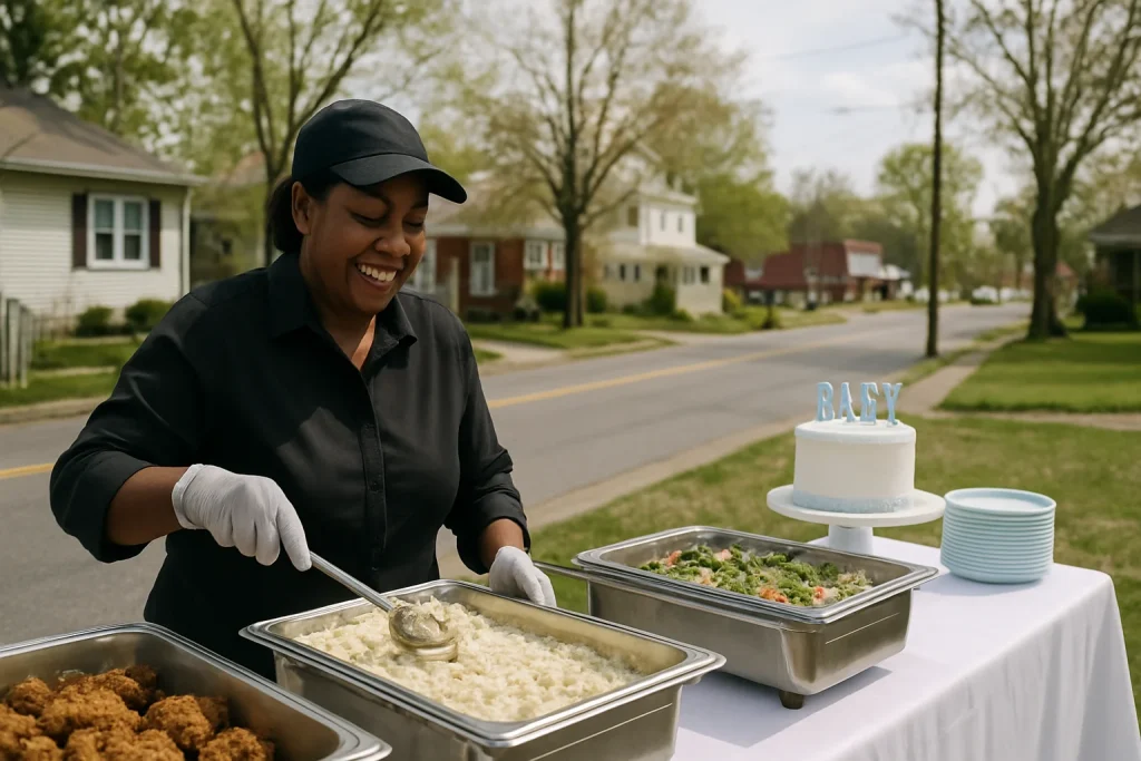 Baby shower catering setup in Fallston, MD by Evolved Catering & Events with fresh food displays.