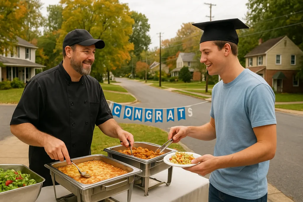 Graduation party catering setup in Fallston, MD by Evolved Catering & Events with buffet stations and food displays.