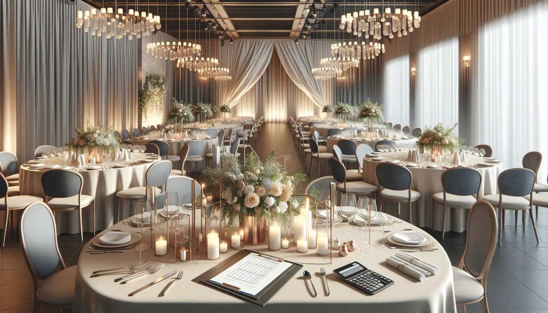 Elegant wedding reception setup with chandeliers, candlelit tables, and floral centerpieces arranged by an event planner near me in Baltimore MA.