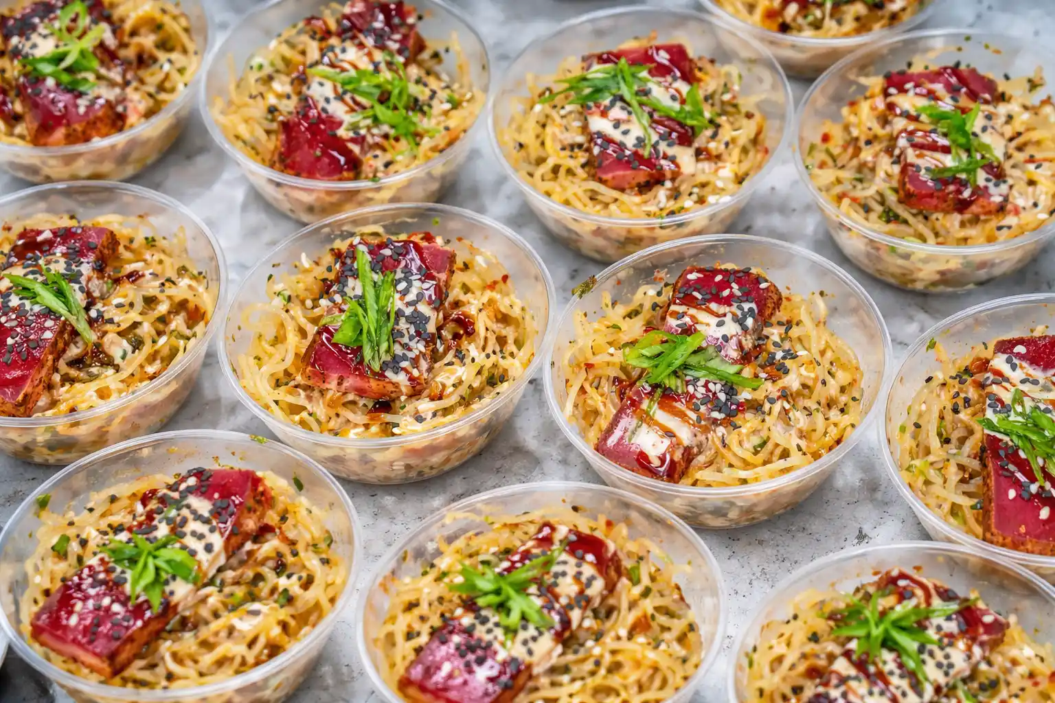 Individual noodle bowls with seared tuna prepared for convenient boxed lunch catering in Baltimore, MD