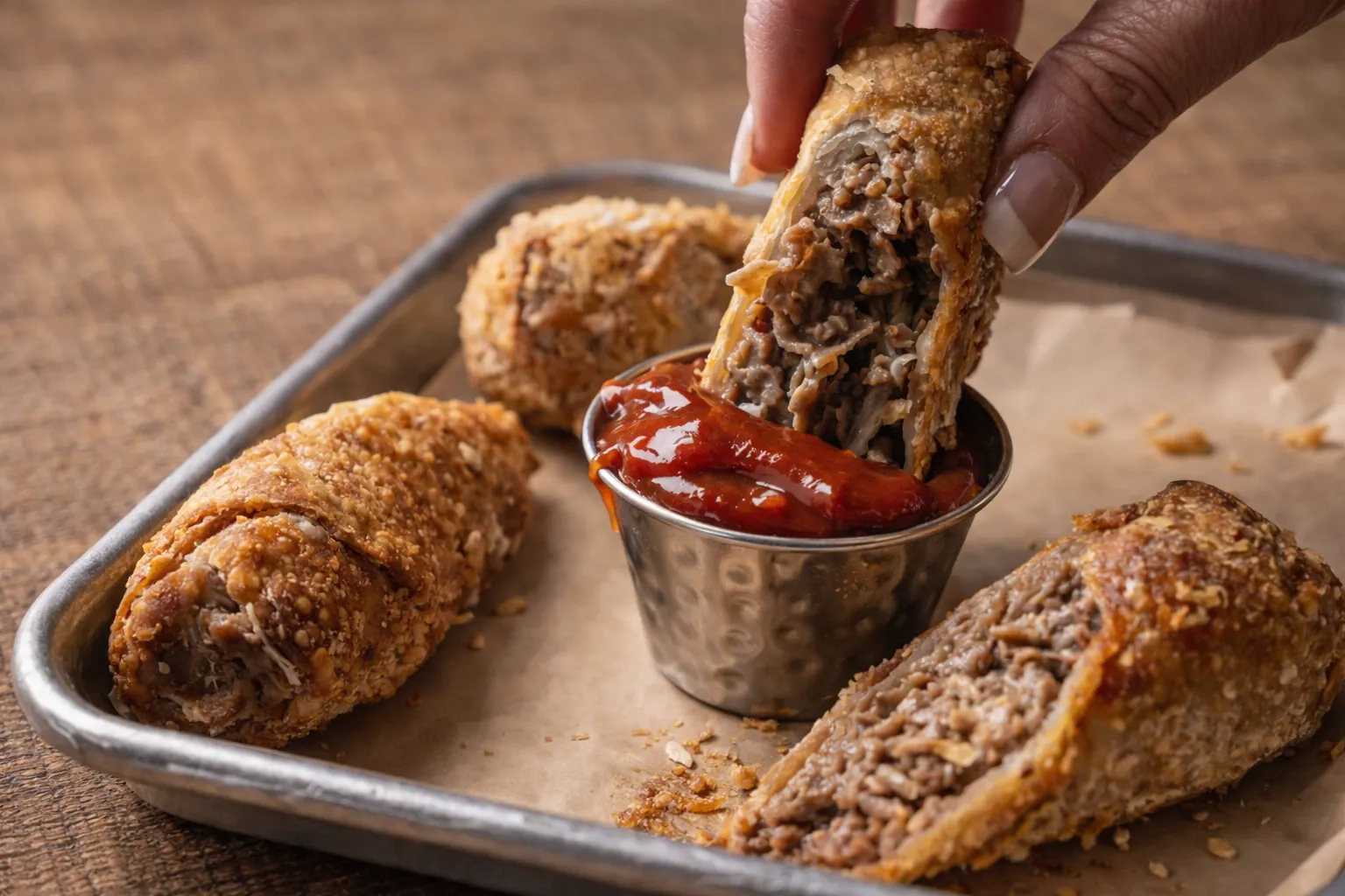 Handheld beef rolls with dipping sauce included in boxed lunch catering packages in Baltimore, MD