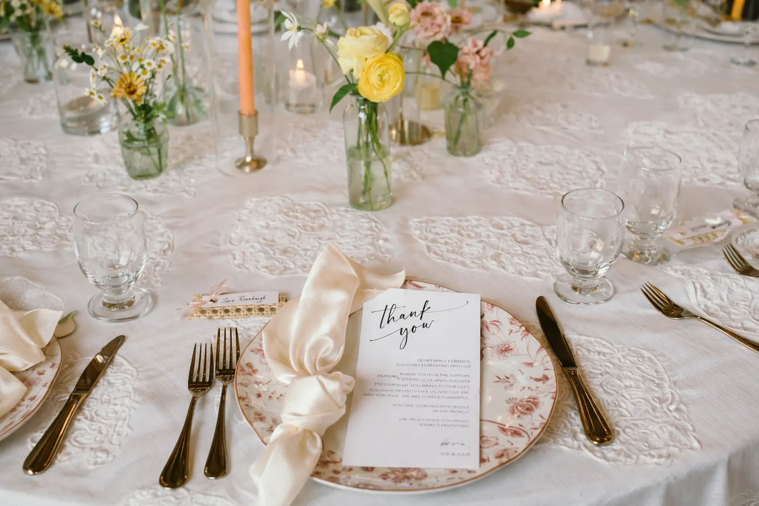 Elegant floral table setting and place cards styled for a cocktail party catering reception in Baltimore, MD