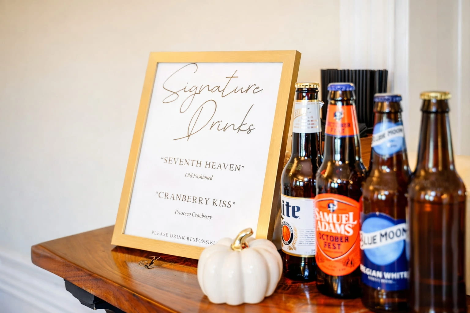 Signature drinks display with beer selections and custom cocktail menu for bar service catering in Baltimore, MD