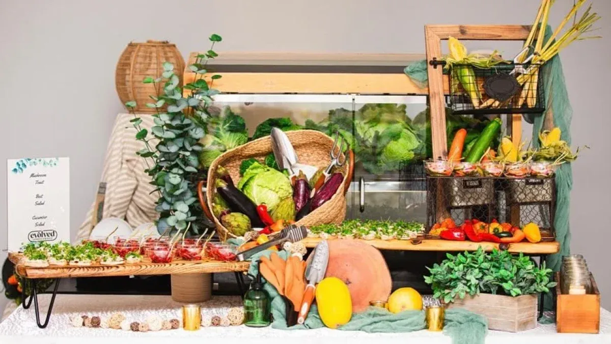 Full-service catering setup with buffet stations at a Baltimore event by Evolved Catering Baltimore